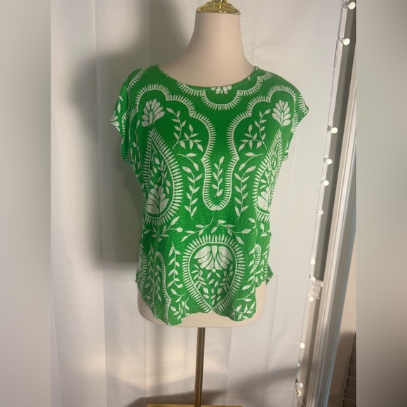 Joie 100% Linen Green Print Cap Sleeve Shirt Women’s Size Large - Picture 6 of 7